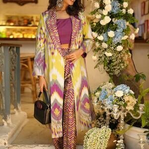 Saundh NWOTS Purple Green Ikat Lapel Collar Jade Long Jacket Duster size large